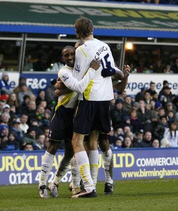 Tottenham s Jermain Defoe (L) celebrates scoring his sides opening goal Barclays Premier League Birmingham City v Tottenham Hotspur 30th January, 2010 EDITORIAL USE ONLY. No use with unauthorised audio, video, data, fixture lists, club league logos or live services. Online in-match use limited to 120 images, no video emulation. No use in betting, games or single club league player publications. o0 Jubel, Freude,