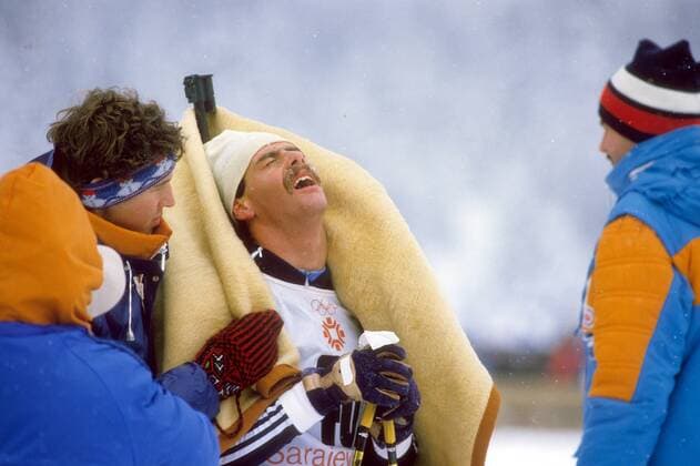 Cecilio Fernandez (Spanien) Biathlon OS Winter Herren Olympische Spiele Sarajevo 1984, Winterspiele Gruppe Igman, Veliko Polje Erschöpfung,