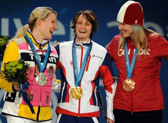 L-R: Stephanie Beckert of Germany (silver), Martina Sablikova of the Czech Republic (gold) and Kristina Groves of Canada (bronze) celebrate their medals in women s 3000 meter speed skating during a Medal Ceremony at BC Place in Vancouver, Canada, during the 2010 Winter Olympics on February 14, 2010.  OLY201002141125 o0 Olympiasieg Sieg Siegerehrung Medaille Gold Silber Bronze Freude Objekte