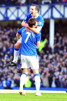 Football Barclays Premier League FC Everton vs Manchester United at Goodison Park.Diniyar Bilaletdinov (Everton, front) and team-mate Leon Osman (Everton) celebrate 20 02 2010.  o0 Jubel Freude