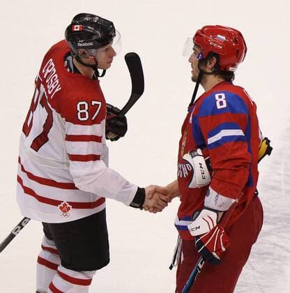 Feb. 24, 2010 - Vancouver, BC, Canada - VANCOUVER, BC: FEBRUARY 24, 2010 -- Canada s Sidney Crosby (left) and Russia s Alexander Ovechkin (right) shake hands following Canada s victory in men s hockey game in Vancouver BC Wednesday, February 24, 2010 during the 2010 Olympics. - ZUMAw51