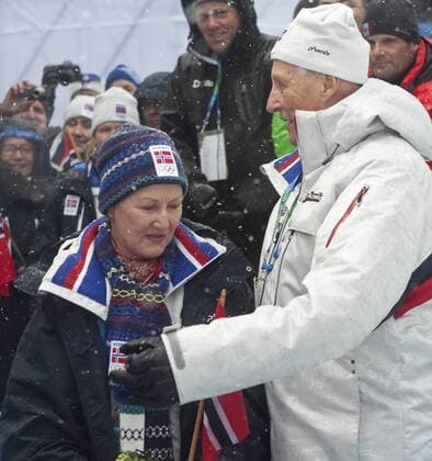 Norway s King Harald (R.) and Queen Sonja, Biathlon Men s 4x7.5 KM Relay during Vancouver 2010 Winter Olympics at the Whistler Olympic Park in Whistler, British Columbia, February 26, 2010.  OLY20100226807