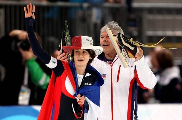 Feb 24, 2010 - Vancouver, , Canada - MARTINA SABLIKOVA (CZE) wins 5000m - Her coach PETR NOVAK celebrates.  - ZUMApr3 o0 Jubel, Freude,