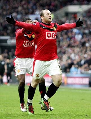 Wayne Rooney of Manchester United celebrates scoring his side s second goal - Carling Cup Final, Aston Villa (white) vs. Manchester United (red) 28th February, 2010 EDITORIAL USE ONLY. No use with unauthorised audio, video, data, fixture lists, club league logos or live services. Online in-match use limited to 120 images, no video emulation. No use in betting, games or single club league player publications. o0 Manu Jubel Freude