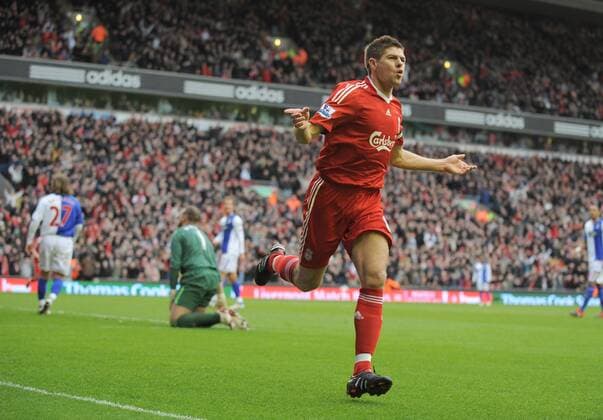 Steven Gerrard of Liverpool celebrates his first goal - FC Liverpool vs. Blackburn Rovers 28th February, 2010 EDITORIAL USE ONLY. No use with unauthorised audio, video, data, fixture lists, club league logos or live services. Online in-match use limited to 120 images, no video emulation. No use in betting, games or single club league player publications. o0 Jubel Freude