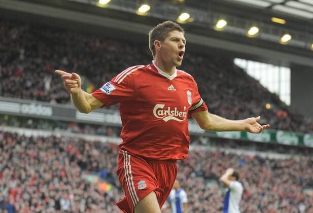Steven Gerrard of Liverpool celebrates his first goal - FC Liverpool vs. Blackburn Rovers 28th February, 2010 EDITORIAL USE ONLY. No use with unauthorised audio, video, data, fixture lists, club league logos or live services. Online in-match use limited to 120 images, no video emulation. No use in betting, games or single club league player publications. o0 Jubel Freude