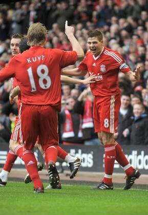 Steven Gerrard (R) of Liverpool celebrates scoring the first goal with Dirk Kuyt of Liverpool - FC Liverpool vs. Blackburn Rovers 28th February, 2010 EDITORIAL USE ONLY. No use with unauthorised audio, video, data, fixture lists, club league logos or live services. Online in-match use limited to 120 images, no video emulation. No use in betting, games or single club league player publications. o0 Jubel Freude