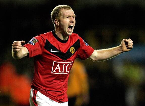 Paul Scholes of Manchester United celebrates scoring his side s first goal Barclays Premier League Wolverhampton Wanderers v Manchester United 6th March, 2010 EDITORIAL USE ONLY. No use with unauthorised audio, video, data, fixture lists, club league logos or live services. Online in-match use limited to 120 images, no video emulation. No use in betting, games or single club league player publications. o0 Freude Jubel