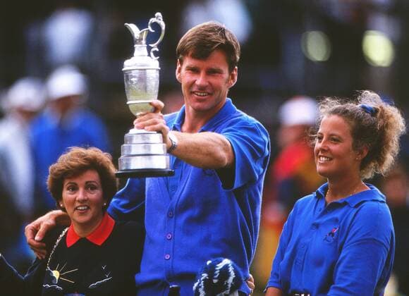 Nick Faldo England with his Wife Gill l. and Caddie Fanny Sunnesson celebrate winning the Open Championship. British Open Golf Championship, Muirfield, Scotland, 19 07 1992.  o0 Jubel Freude Siegerehrung Pokal Spielerfrau, Frau Ehefrau Familie privat