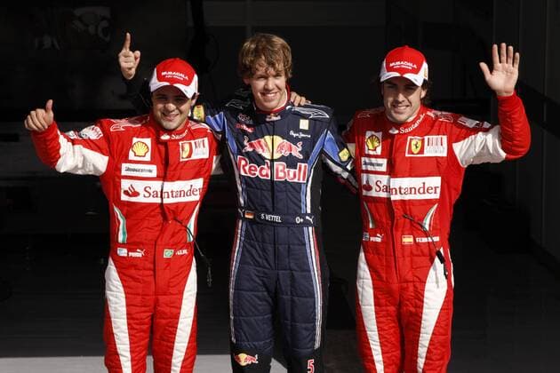 v.li.: Felipe Massa - Ferrari - Sebastian Vettel - Red Bull (pole Position) - und Fernando Alonso - Ferrari - . 13.03.2010 F1 Bahrain