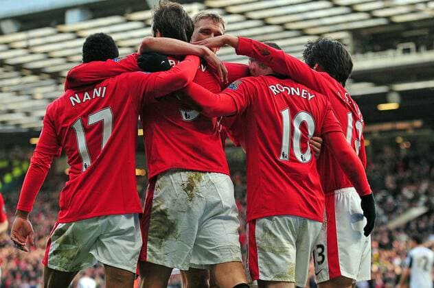 Football Barclays Premier league Manchester United vs Fulham FC at Old Trafford. United celebrate 14 03 2010. 