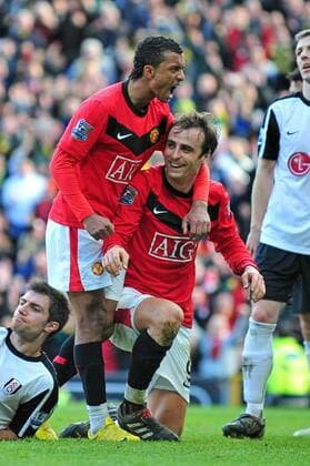 Football Barclays Premier league Manchester United vs Fulham FC at Old Trafford. Nani (Manchester United, L) and Dimitar Berbatov (Manchester United) celebrate the goal 14 03 2010. 