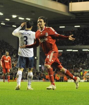 Alberto Aquilani of Liverpool celebrates scoring the third goal Barclays Premier League FC Liverpool (red) v FC Portsmouth (white) 15th March, 2010 EDITORIAL USE ONLY. No use with unauthorised audio, video, data, fixture lists, club league logos or live services. Online in-match use limited to 120 images, no video emulation. No use in betting, games or single club league player publications.
