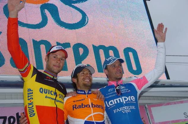 2010, Milano - Sanremo, Sieger Oscar Freire Gomez (Rabobank, Mitte), Tom Boonen (Quick Step, li.), Alessandro Petacchi (Lampre), Sanremo 