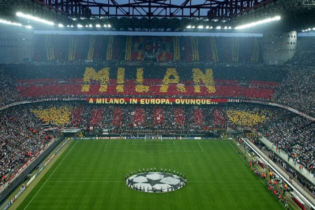 Giuseppe Meazza San Siro , MAY 7, 2003 - Football : General view of Giuseppe Meazza San Siro during the UEFA Champions League 02-03 season semi final at Giuseppe Meazza San Siro , Milano, Italy.  (2003050820003312) o0 Fanchoreographie, Choreographie, Schriftzug, Fans, Zuschauer o00 Stadion AC Milan Inter