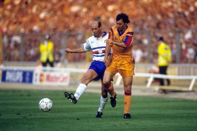 Hristo Stoichkov (FC Barcelona r.) vs Attilio Lombardo (Sampdoria Genua) Fußball EC 1 Herren Europapokal der Landesmeister 1991 1992, Finale, Gruppe London