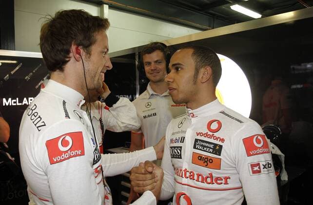 Motorsports Formula 1: World Championship 2010, GP of Australia, winner Jenson Button (GBR, Vodafone McLaren Mercedes, L), Lewis Hamilton (GBR, Vodafone McLaren Mercedes), xHOCHxZWEIx