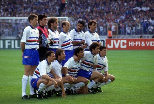 Mannschaftsfoto Sampdoria Genua, hi. v. li.: Srecko Katanec, Torwart Gianluca Pagliuca, Marco Lanna, Attilio Lombardo, Toninho Cerezo, Roberto Mancini, vorn: Pietro Vierchowod, Moreno Mannini, Ivano Bonetti, Gianluca Vialli, Fausto Pari Fußball EC 1 Herren Finale Europapokal der Landesmeister 1991 1992 Totale London