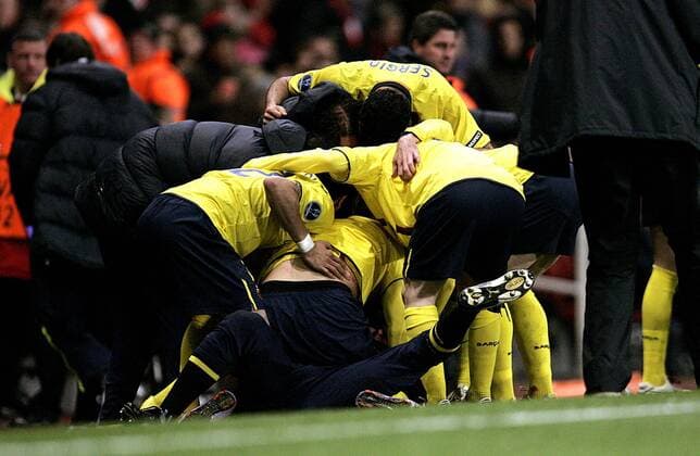Zlatan Ibrahimovic of FC Barcelona celebrates scoring his side s first goal - Champions League, FC Arsenal (red) vs. FC Barcelona (yellow) EDITORIAL USE ONLY. No use with unauthorised audio, video, data, fixture lists, club league logos or live services. Online in-match use limited to 120 images, no video emulation. No use in betting, games or single club league player publications. o0 Barca Jubel Freude