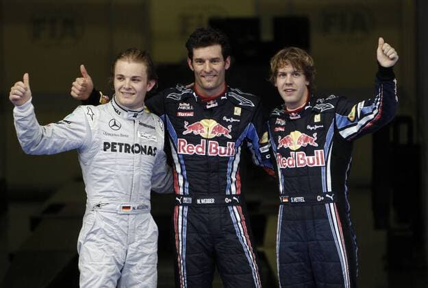 Motorsports Formula 1: World Championship 2010, GP of Malaysia, L-R: Nico Rosberg (GER, Mercedes GP Petronas), Mark Webber (Australien, Red Bull Racing) at Pole Position, Sebastian Vettel (GER, Red Bull Racing) o0 Jubel, Freude,