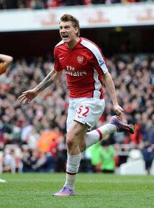 Premier League - Arsenal FC London - Wolverhampton Wanderers 1:0 - Arsenal s Nicklas Bendtner celebrates scoring the winning goal in the last minutes of the game at the Emirates Stadium in London 