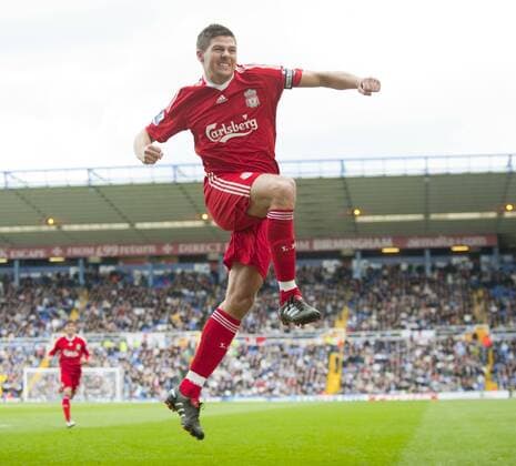 BIRMINGHAM, ENGLAND - Sunday, April 4, 2010: FC Liverpool s captain Steven Gerrard celebrates scoring the opening goal against Birmingham City during the Premiership match at St Andrews. xHOCHxZWEIx xPropagandax 