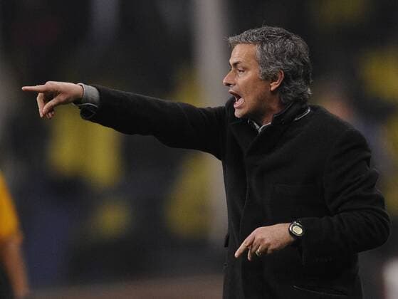 MOSCOW, RUSSIA. APRIL 6, 2010. Inter coach Jose Mourinho reacts during a UEFA Champions League game CSKA Moscow vs. Inter Milan.  RE0CC4A5