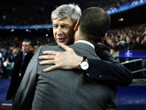 Champions League Quarters Final: FC Barcelona-Arsenal FC (white). Coach Arsene Wenger (Arsenal, L) hugs Barcelona Coach Josep Guardiola  o0 Kameradschaft Harmonie o00 Pep o0 Pep