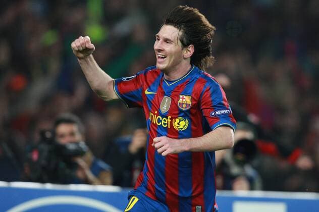 Football - FC Barcelona v Arsenal FC (white). UEFA Champions League quarterfinal Second Leg - Camp Nou Stadium, Barcelona, Spain - 06 April 2010. Barcelona s Lionel Messi celebrates his fourth goal  o0 Jubel Freude