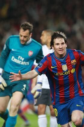 Football - FC Barcelona v Arsenal FC UEFA Champions League quarterfinal Second Leg - Camp Nou Stadium, Barcelona, Spain - 06 April 2010. Barcelona s Lionel Messi celebrates second goal  o0 Jubel Freude