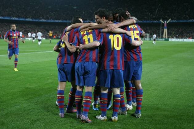 Champions League Quarters Final: FC Barcelona-Arsenal FC (white). Celebration of Barcelona  o0 Jubel Freude