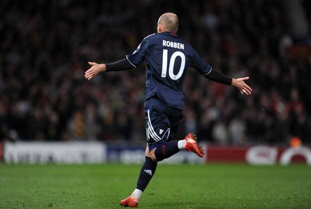 FUSSBALL Champions League Viertelfinal Rückspiel SAISON 2009 2010 Manchester United - FC Bayern München 07.04.2010 JUBEL nach dem Tor zum 3:2 von Arjen Robben (FCB)  o0 Freude