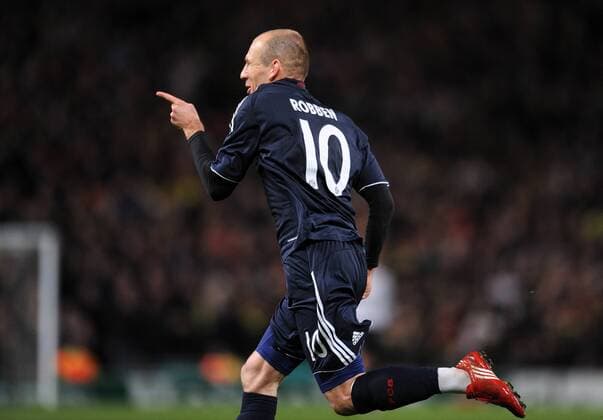 FUSSBALL Champions League Viertelfinal Rückspiel SAISON 2009 2010 Manchester United - FC Bayern München 07.04.2010 JUBEL nach dem Tor zum 3:2 von Arjen Robben (FCB)  o0 Freude
