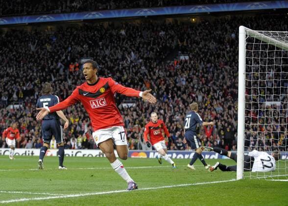 07.04.2010, Championsleague Viertelfinale Rückspiel, Manchester United - FC Bayern München, Nani (Manchester) trifft zum 2:0 und freut sich hier. Torwart Hans-Jörg Butt (München) am Boden. o0 Jubel, Freude o00 ManU