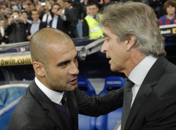 Trainer Manuel Pellegrini (Real Madrid, r.) und Trainer Pep Guardiola FC Barcelona -  o0 Barca Josep