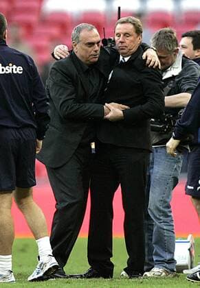 coach Harry Redknapp of Tottenham Hotspur (R) congratulates coach Avram Grant of Portsmouth FC (blue) after the ending whistle - FA Cup Semifinal Tottenham Hotspur (white) v Portsmouth FC (blue) 11th April, EDITORIAL USE ONLY. No use with unauthorised audio, video, data, fixture lists, club league logos or live services. Online in-match use limited to 120 images, no video emulation. No use in betting, games or single club league player publications.