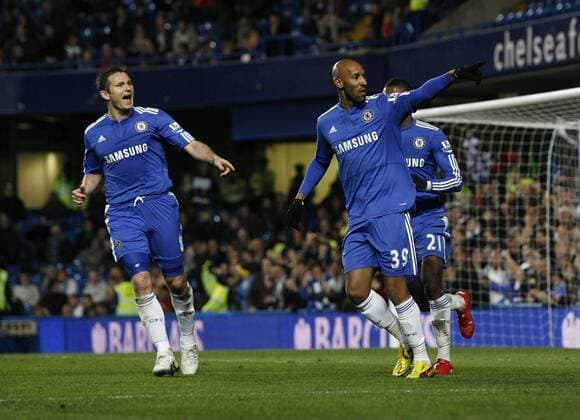 Chelsea s Nicolas Anelka (R) celebrates scoring his sides first goal Barclays - Premier League Chelsea FC (blue) v Bolton Wanderers 13th April, 2010 - EDITORIAL USE ONLY. No use with unauthorised audio, video, data, fixture lists, club league logos or live services. Online in-match use limited to 120 images, no video emulation. No use in betting, games or single club league player publications. o0 Tor