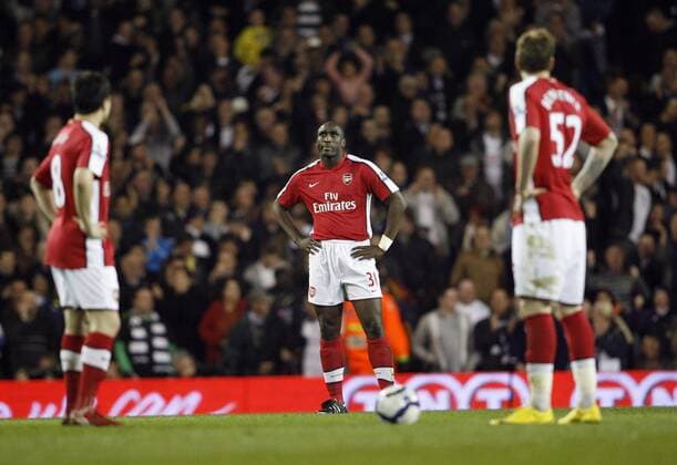 Arsenal s Sol Campbell looks on dejected after going 2-0 down Barclays Premier League Tottenham Hotspur (white) vs Arsenal London (red) 14th April, 2010 EDITORIAL USE ONLY. No use with unauthorised audio, video, data, fixture lists, club league logos or live services. Online in-match use limited to 120 images, no video emulation. No use in betting, games or single club league player publications.