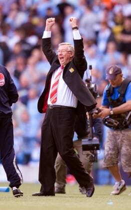 Sir Alex Ferguson Coach of Manchester United celebrates at the ending whistle Barclays Premier League - Manchester City vs. Manchester United (ManU) 17th April, 2010 EDITORIAL USE ONLY. No use with unauthorised audio, video, data, fixture lists, club league logos or live services. Online in-match use limited to 120 images, no video emulation. No use in betting, games or single club league player publications.