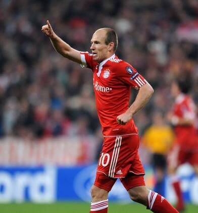 FUSSBALL International Champions League Hinspiel SAISON 2009 2010 FC Bayern Muenchen - Olympique Lyon 21.04.2010 Jubel nach dem 1:0 Arjen Robben (FCB)  o0 Freude o00 Einzelbild