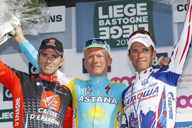 2010, Liege - Bastogne - Liege, Sieger Alexander Vinokourov Mitte Astana, Alexandr Kolobnev Katusha r., Alejandro Valverde l. Caisse d Epargne, Ans  o0 Jubel Freude