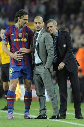 FC Barcelona (blue) - Inter Mailand (white), Barca, Coach Josep Pep Guardiola (Barca, C), Zlatan Ibrahimovic (L), Coach Jose Mourinho (Inter) 
