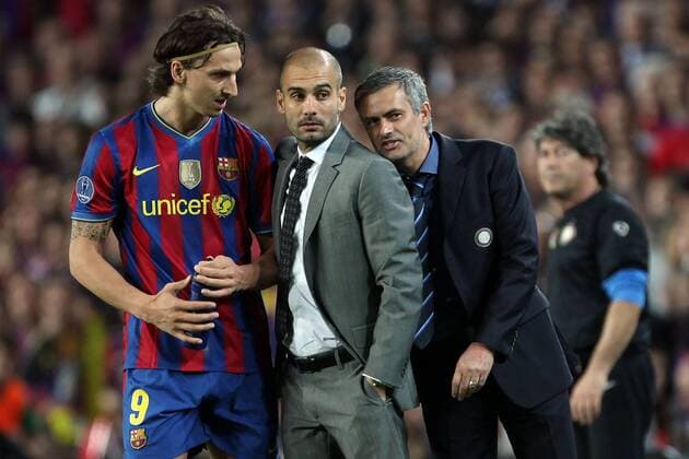 FC Barcelona (blue) - Inter Mailand (white), L-R: Zlatan Ibrahimovic, Coach Josep Pep Guardiola (Barca) and Coach Jose Mourinho (Inter) semediaxinside