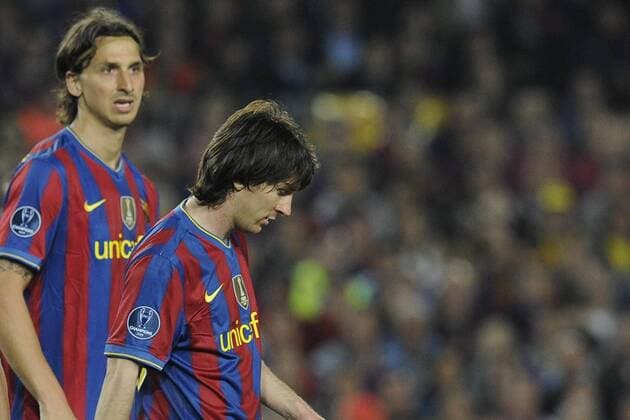 FC Barcelona (blau) - Inter Mailand (weiß), Barca, Enttäuschung Lionel Messi (R) und Zlatan Ibrahimovic (Barca) 