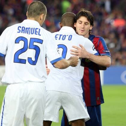 FC Barcelona (blue) - Inter Mailand (white), Barca, Inter Milan s Samuel Eto o and Lionel Messi of Barcelona  o0 Etoo