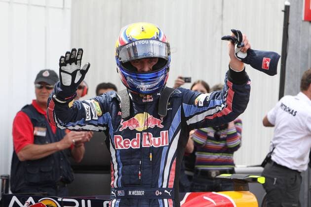Mark Webber, Red Bull Racing, feiert die Pole Position, Formel 1, GP Monaco 14.05.10 o0 Jubel Freude Qualifying