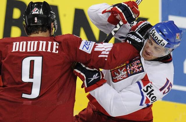 Czech Jan Marek (R) with Steve Downie of Canada during World Cup game in Group F, Mannheim, Germany, May 18, 2010. (CTKxPhoto RadekxPetrasek)  CTKPhoto59201005180896901