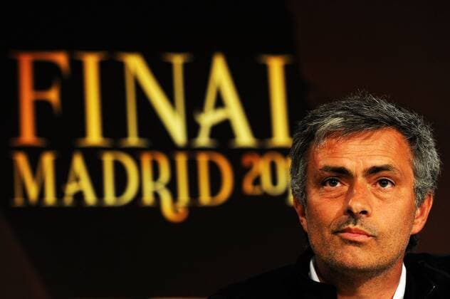 Champions League Finale Pressekonferenz Inter Mailand - Jose Mourinho (Trainer Inter) o0 Schriftzug