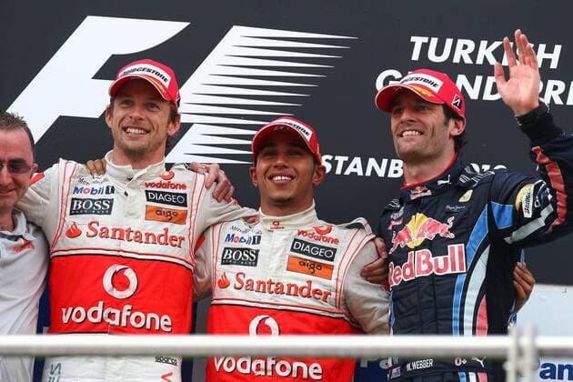 V.l.n.r.: Jenson Button, Sieger Lewis Hamilton (beide McLaren(, Mark Webber (Red Bull), Formel 1, GP Türkei in Istanbul, 30.05.10 o0 Jubel Freude