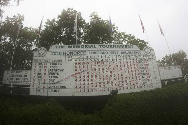 05 JUN 2010: The start of the Memorial Tournament s 3rd round under delay due to heavy rain and thunderstorms at Muirfield Village G.C. in Dublin, Ohio. Icon43910060565983 o0 Anzeigetafel, Anzeige, Tafel Ergebnis, Resultat, Spielstand, Objekte EDITORIAL USE ONLY